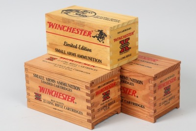 3 classic style wooden Winchester boxes of .22lr