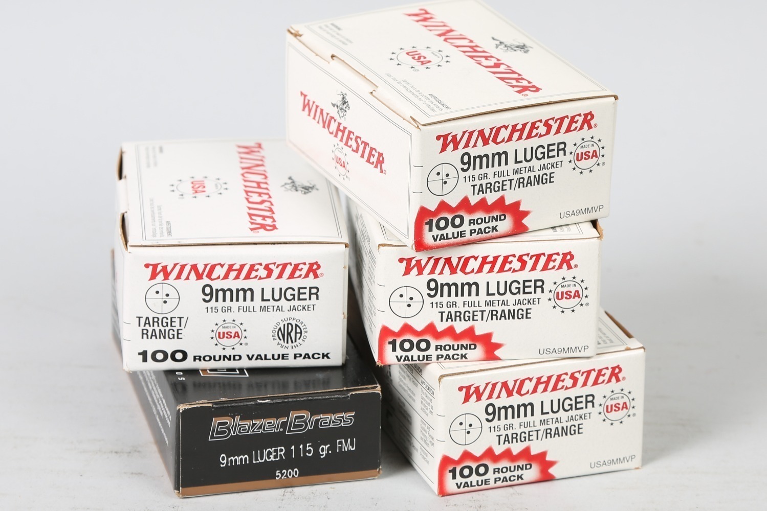 5 Bxs Winchester/ Blazer Brass 9mm Luger Ammo