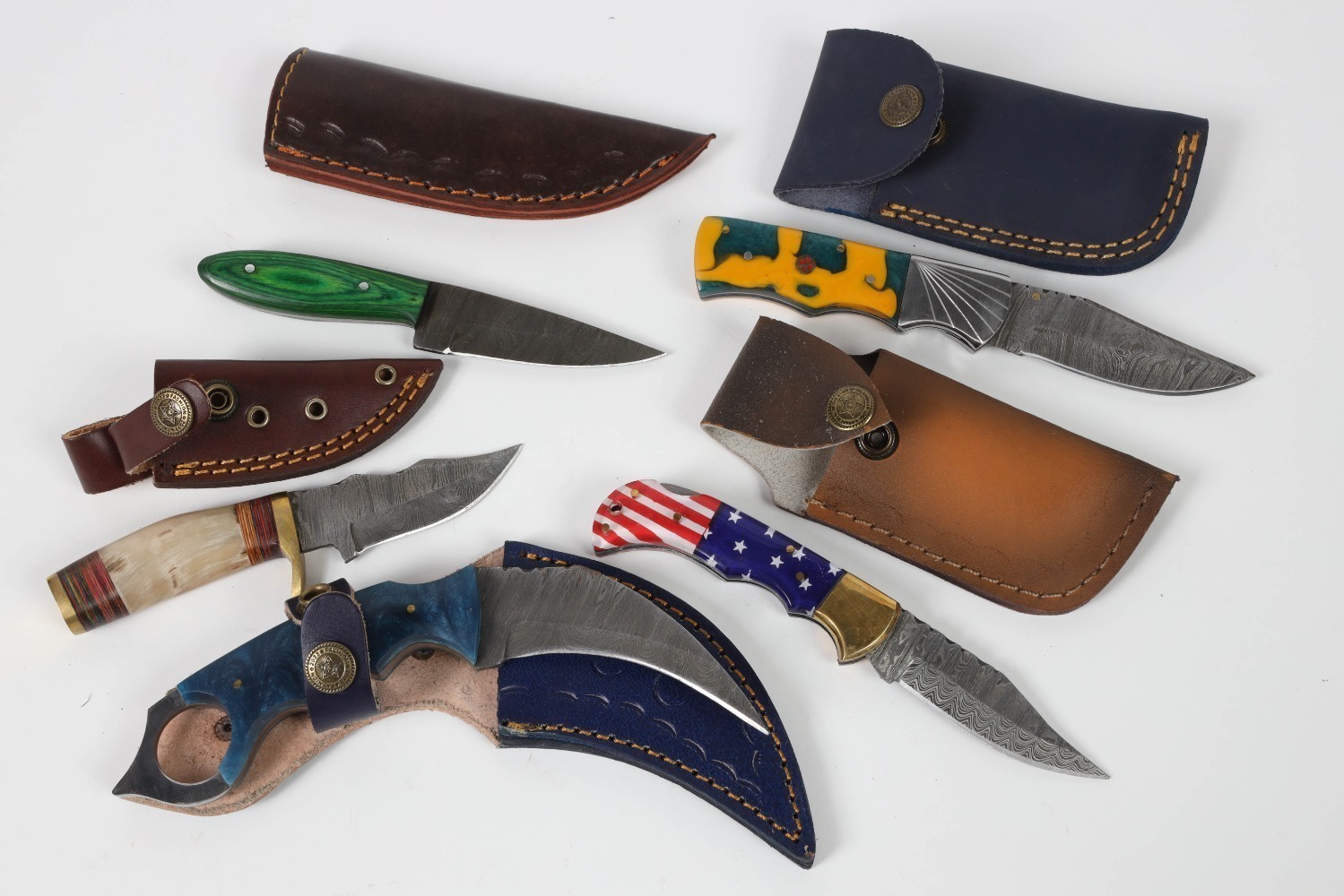 5 custom Damascus knives