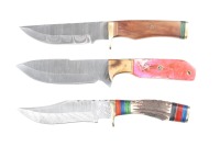 3 custom Damascus fixed blade knives - 2