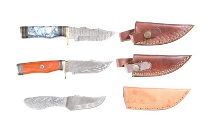 3 custom Damascus fixed blade knives