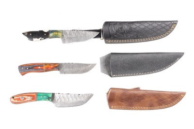 3 custom Damascus fixed blade knives