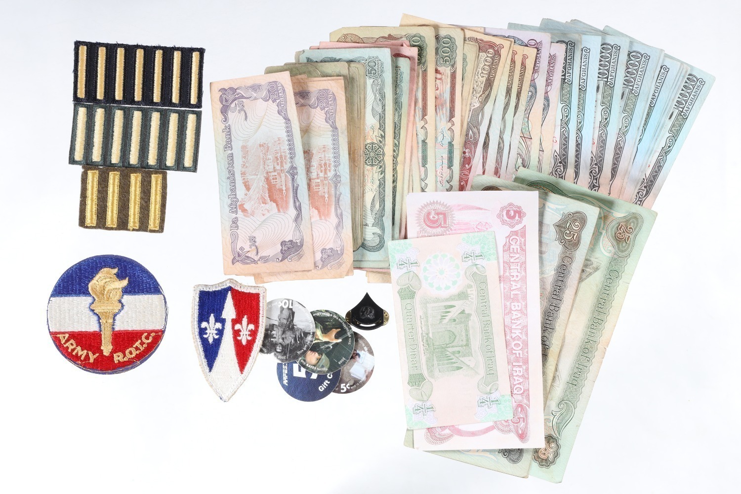 Foreign military patches, pin, and Currencies